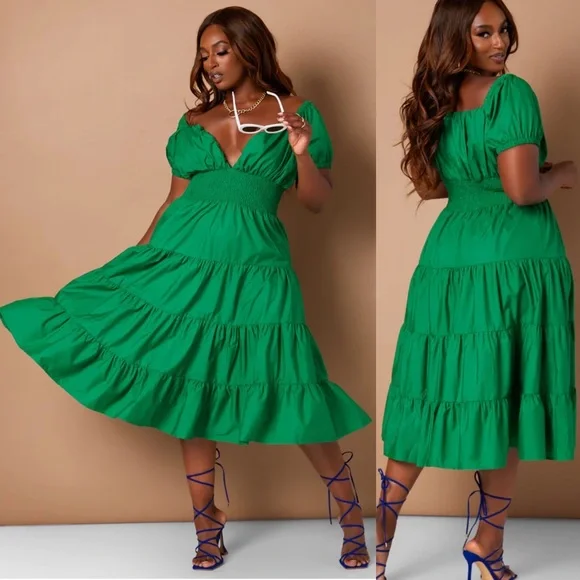 RebdollS MOMENT PEASANT TOP LAYERED MIDI SKATER DRESS - GREEN plus 1X women’s - Picture 6 of 7